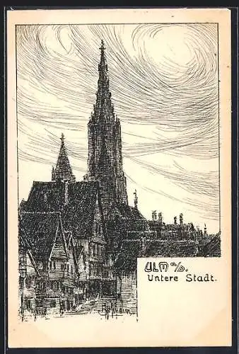 Künstler-AK Ulm a. D., Untere Stadt mit Kirche