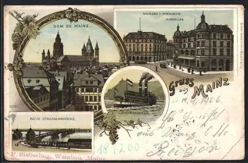 Lithographie Mainz, neue Strassenbrücke, Dom, Mainzer und Rheinische Bierhallen