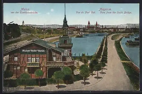 AK Mainz, von der Eisenbahnbrücke mit Winterhafen, Haus vom Ruder-Verein