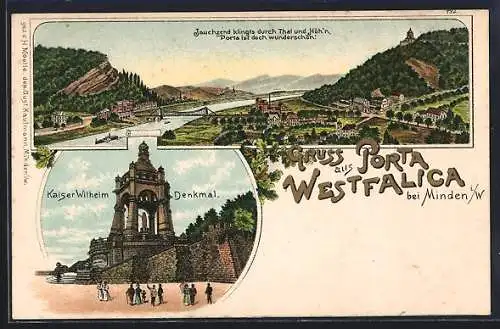 Lithographie Porta Westfalica, Kaiser Wilhelm Denkmal, Ortsansicht mit Umgebung