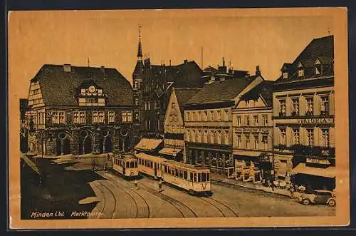 AK Minden i. W., Marktplatz mit Hotel Deutscher Kaiser und Strassenbahn