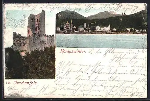 AK Königswinter, Ortsansicht und Burg Drachenfels