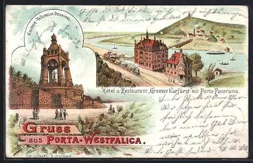 Lithographie Porta Westfalica, Hotel und Restaurant Grosser Kurfüst mit Porta-Panroama, Kaiser-Wilhelm-Denkmal