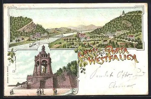 Lithographie Porta-Westphalica, Denkmal, Panorama