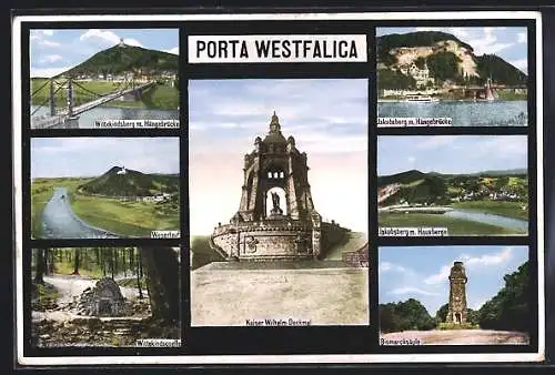 AK Porta Westfalica, Kaiser Wilhelm-Denkmal, Wittekindsberg mit Hängebrücke & Bismarcksäule