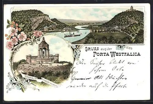 Lithographie Porta Westfalica, Denkmal Kaiser Wilhelms I., Panorama mit Brücke