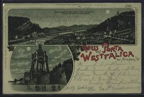 Mondschein-Lithographie Porta Westfalica, Panorama mit Kaiser Wilhelm-Denkmal