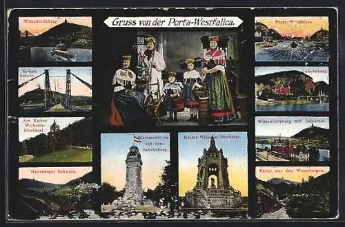 AK Porta Westfalica, Ortsansicht, Wittekindsberg mit Denkmal, Bismarckturm, Kaiser-Wilhelm-Denkmal, Menschen in Tracht