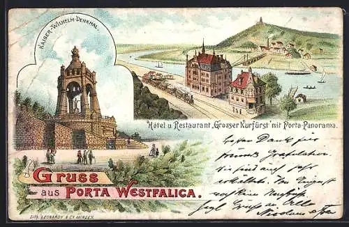 Lithographie Porta Westfalica, Hotel und Restaurant Grosser Kurfüst mit Porta-Panroama, Kaiser-Wilhelm-Denkmal