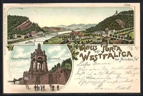 AK Porta Westfalica, Totalansicht, Kaiser-Wilhelm-Denkmal, Um 1900