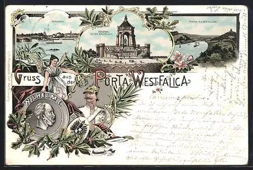 Lithographie Porta Westfalica, Denkmal Kaiser Wilhelm I., Minden, Uferpartie