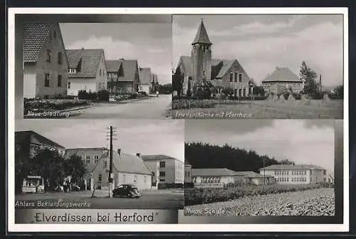 AK Elverdissen bei Herford, Neue Siedlung, Ahlers Bekleidungswerke und Friedenskirche