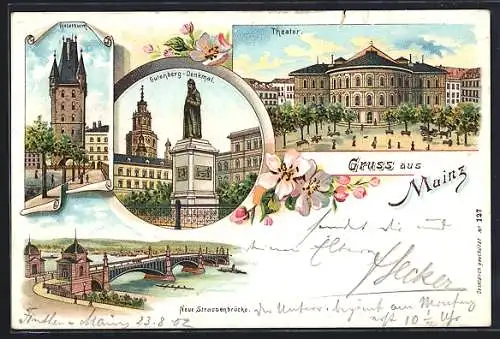 Lithographie Mainz, Theater, Gutenberg-Denkmal, Neue Strassenbrücke, Holzthurm