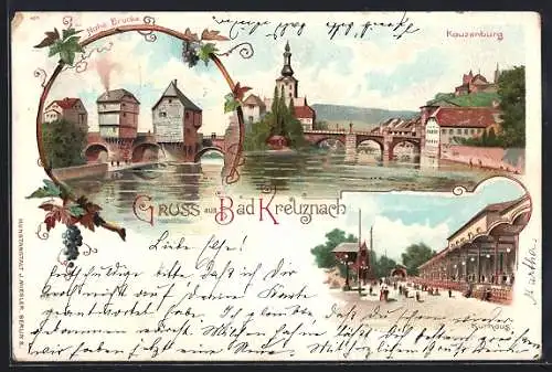 Lithographie Bad Kreuznach, Kurhaus, Kauzenburg und Nahebrücke