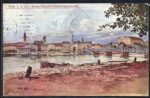 Künstler-AK Fritz Lach: Linz / Donau, Dampfer auf der Donau, Brücke