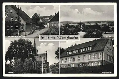 AK Rödinghausen / Westf., Teilansicht, Bäckerei A. Nösekabel, Kirche, Jugendheim