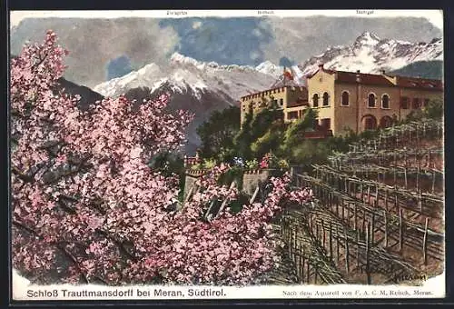 Künstler-AK F.A.C.M. Reisch: Meran, Schloss Trauttmansdorff mit Baumblüte