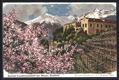 Künstler-AK F.A.C.M. Reisch: Meran, Schloss Trauttmansdorff mit Baumblüte