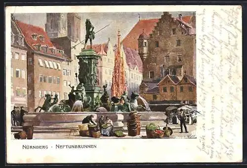 Künstler-AK Heinrich Kley: Nürnberg, Bayerische Jubiläums-Landesausstellung 1906, Neptunbrunnen