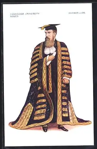 AK Cambridge, University, Robes, Chancellor, Mann in schwarzem Mantel mit goldenen Streifen und Doktorhut