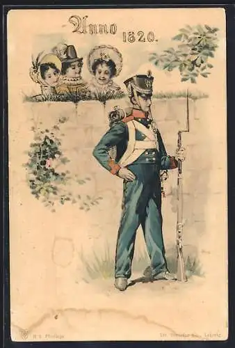 Künstler-AK sign. H. Weber: Frauen beobachten einen jungen Soldaten 1820