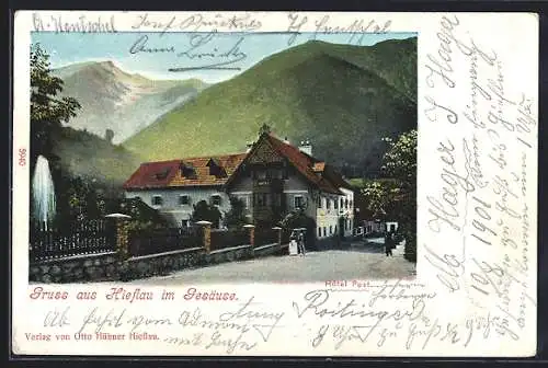 AK Hieflau im Gesäuse, Strassenpartie mit Hotel Post und Blick in die Berge