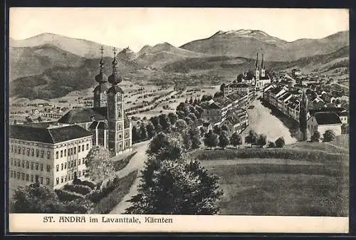 Künstler-AK St. Andrä im Lavanttale, Ortsansicht gegen die Berge