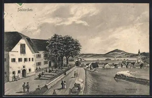 Künstler-AK sign. Hans Pernat: Seekirchen, Ortsansicht vom Gasthaus aus, mit Eisenbahn