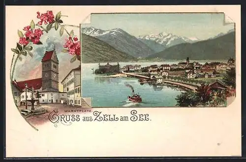 Lithographie Zell am See, Marktplatz mit Kirche, Panorama mit Alpen