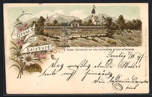 Lithographie Salzburg, Grande Restaurant auf dem Elektrischen Aufzug