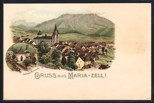 Lithographie Maria-Zell, Teilansicht mit Kirche, Heiliger Brunnen