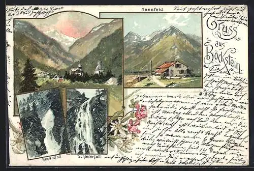 Lithographie Böckstein, Kesselfall, Nassfeld, Schleierfall, Ortsansicht