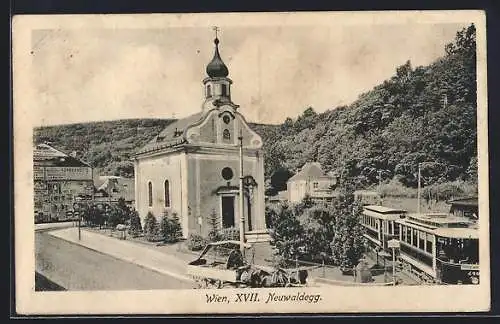 AK Wien-Neuwaldegg, Strassenbahn an der Kirche