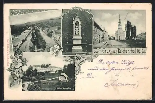 AK Reichenthal, Schloss Waldenfels, Platz mit Kirche, Waldandacht