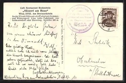 AK Wien, Dreimarkstein, Café-Restaurant Häuserl am Roan v. J. Bodenstein