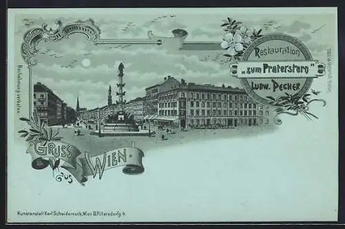 Mondschein-Lithographie Wien, Restaurant zum Praterstern v. Ludw. Pecher