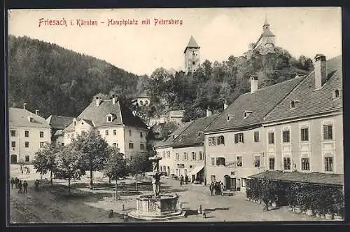 AK Friesach i. Kärnten, Hauptplatz mit Petersberg und Brunnen