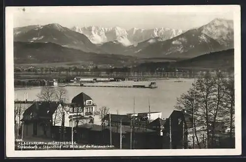 AK Klagenfurt, Wörthersee, Strandcafe und Strandbad mit Blick auf die Karawanken