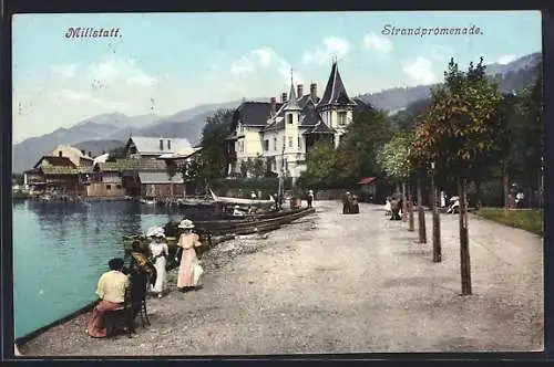 AK Millstatt, Villa Streintz an der Strandpromenade, Boote