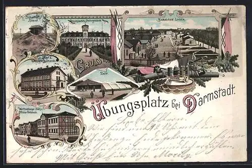 Lithographie Darmstadt, Übungplatz, Post und Wachtkommando, Barackenlager