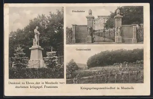 AK Meschede, Kriegsgefangenenfriedhof, Denkmal zu Ehren der in Meschede verstorbenen kriegsgef. Franzosen, Friedhofstor