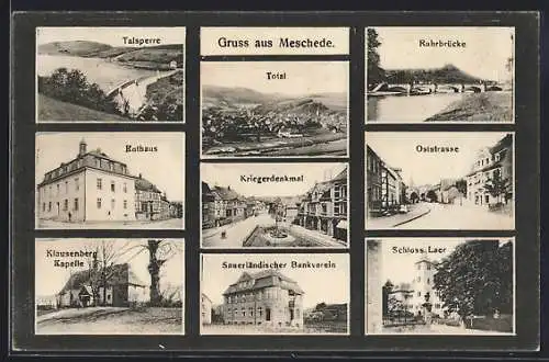 AK Meschede, Totalansicht, Talsperre, Rathaus, Ruhrbrücke, Kriegerdenkmal, Schloss Laer, Oststrasse