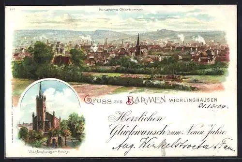 Lithographie Barmen-Wichlinghausen, Panorama Oberbarmen, Wichlinghauser Kirche