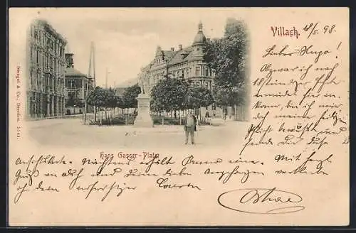 AK Villach, Hans Gasser-Platz mit Denkmal