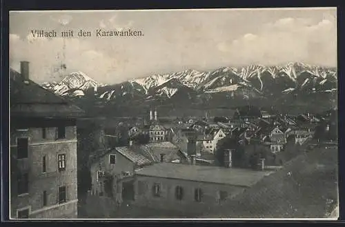 AK Villach, Ortsansicht mit Karawanken