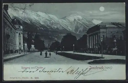 Mondschein-AK Innsbruck, Rennweg und Theater bei Nacht