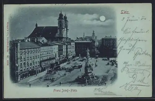 Mondschein-AK Linz, Franz Josef-Platz bei Nacht