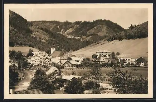 AK Lunz /N.-Ö., Ortsansicht gegen bewaldete Berge