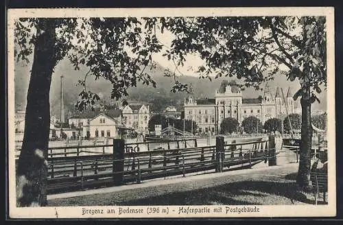 AK Bregenz am Bodensee, Hafenpartie mit Postgebäude