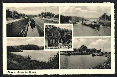 AK Lingen, Schleuse Gleesen, Gasthaus-Kolonialwaren A. Lütkenhaus, Schleuse mit Schiffen